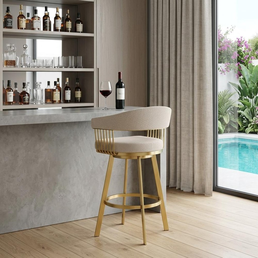 30" Taupe And Gold Fabric And Steel Low Back Bar Height Swivel Bar Chair HomeRoots