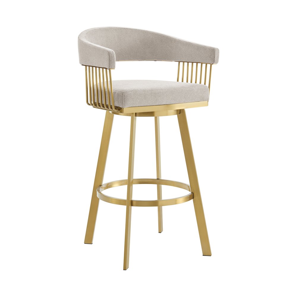 30" Taupe And Gold Fabric And Steel Low Back Bar Height Swivel Bar Chair HomeRoots