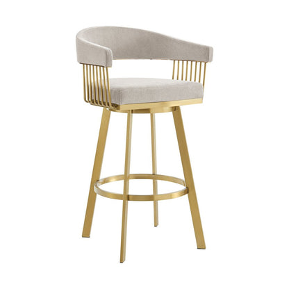 30" Taupe And Gold Fabric And Steel Low Back Bar Height Swivel Bar Chair HomeRoots