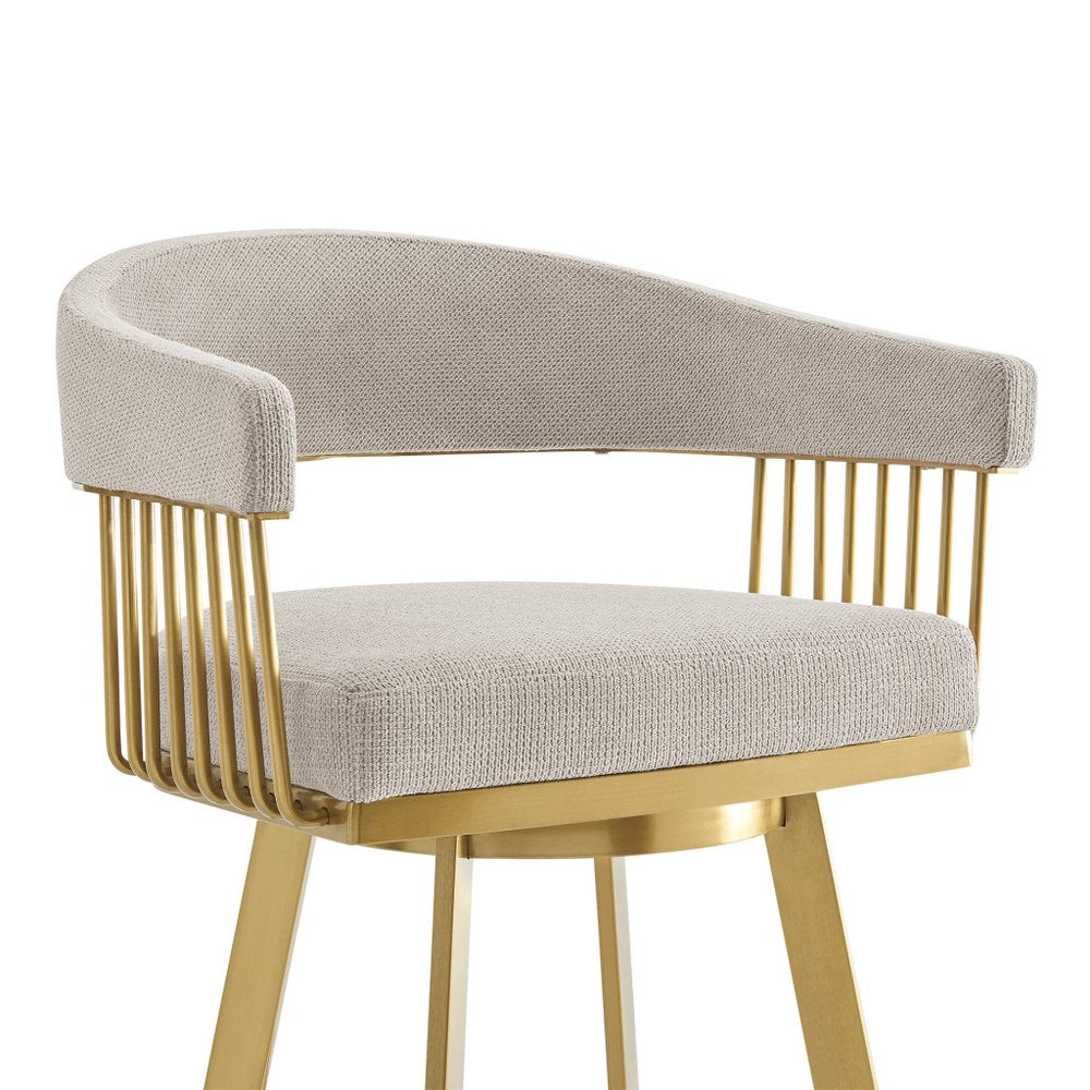 30" Taupe And Gold Fabric And Steel Low Back Bar Height Swivel Bar Chair HomeRoots