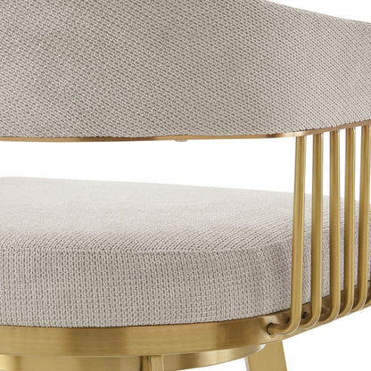 30" Taupe and Gold Fabric and Stainless Steel Low Back Bar Height Swivel Bar Chair