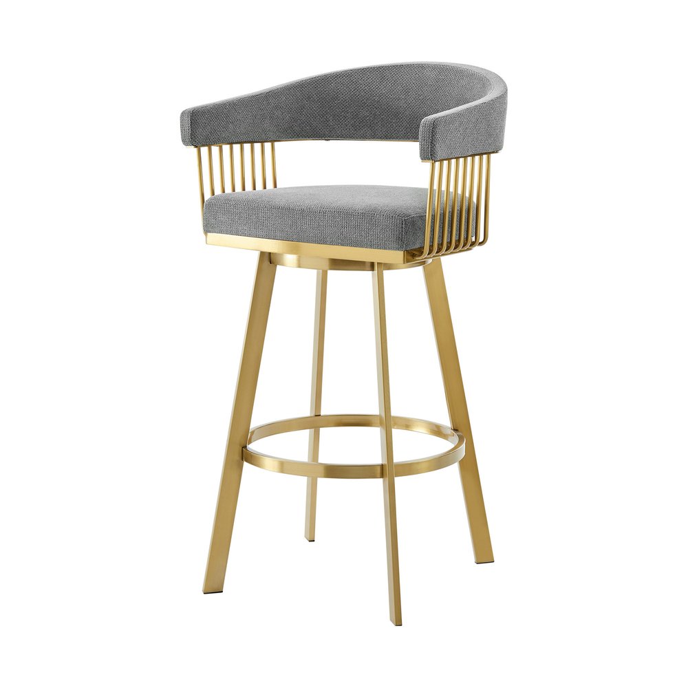 26" Gray And Gold Fabric And Steel Low Back Counter Height Swivel Bar Chair HomeRoots