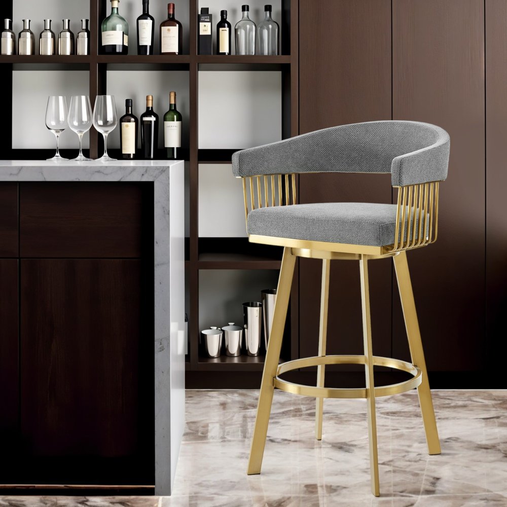 26" Gray And Gold Fabric And Steel Low Back Counter Height Swivel Bar Chair HomeRoots