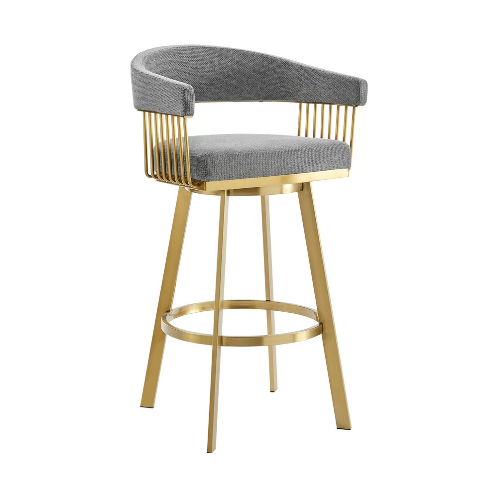 26" Gray And Gold Fabric And Steel Low Back Counter Height Swivel Bar Chair HomeRoots