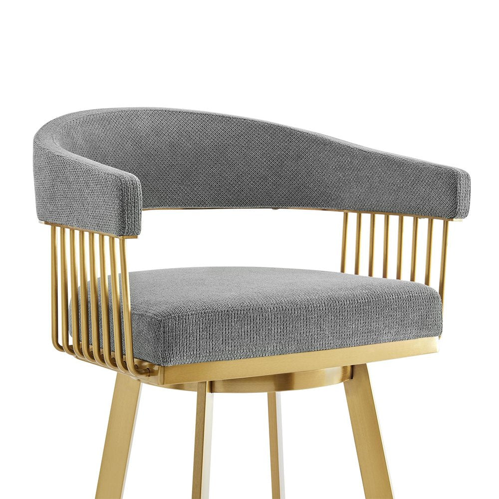 26" Gray And Gold Fabric And Steel Low Back Counter Height Swivel Bar Chair HomeRoots