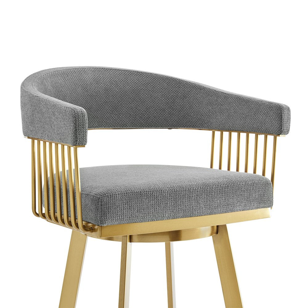 26" Gray and Gold Fabric and Stainless Steel Low Back Counter Height Swivel Bar Chair HomeRoots