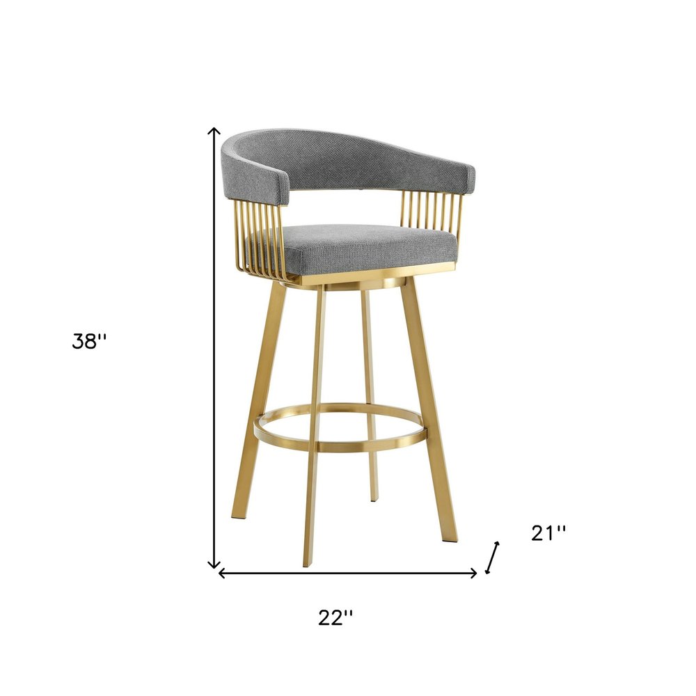 30" Gray And Gold Fabric And Steel Low Back Bar Height Swivel Bar Chair HomeRoots