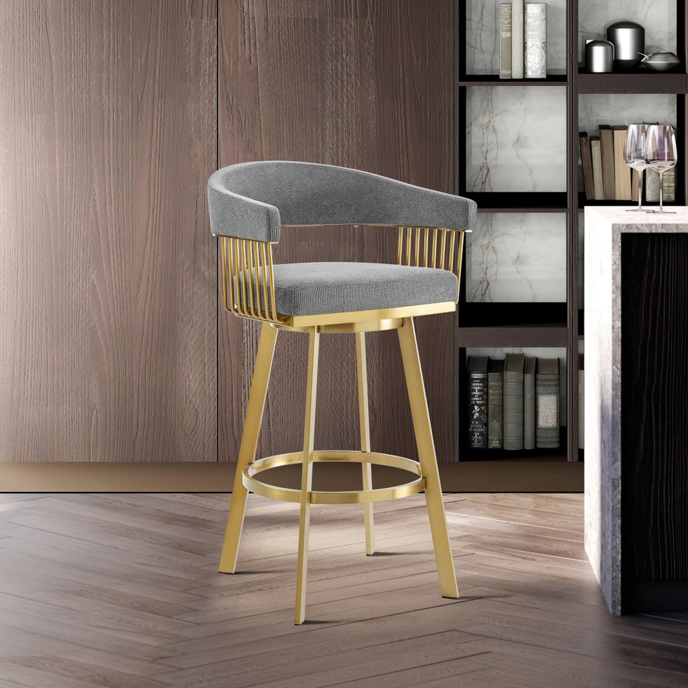 30" Gray And Gold Fabric And Steel Low Back Bar Height Swivel Bar Chair HomeRoots