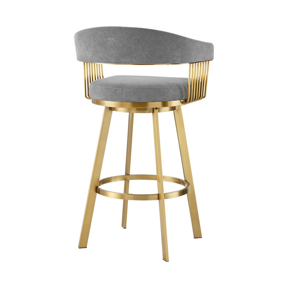 30" Gray And Gold Fabric And Steel Low Back Bar Height Swivel Bar Chair HomeRoots