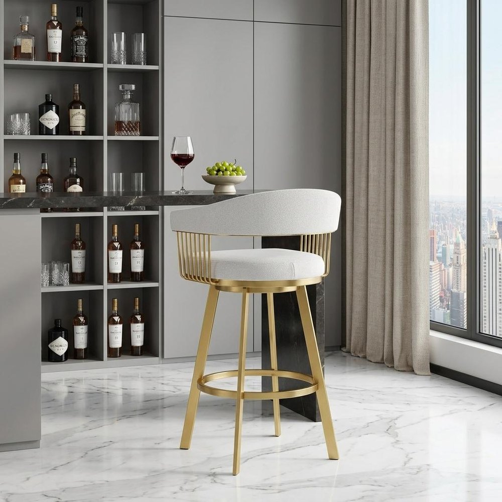 30" Silver And Gold Fabric And Steel Low Back Bar Height Swivel Bar Chair HomeRoots