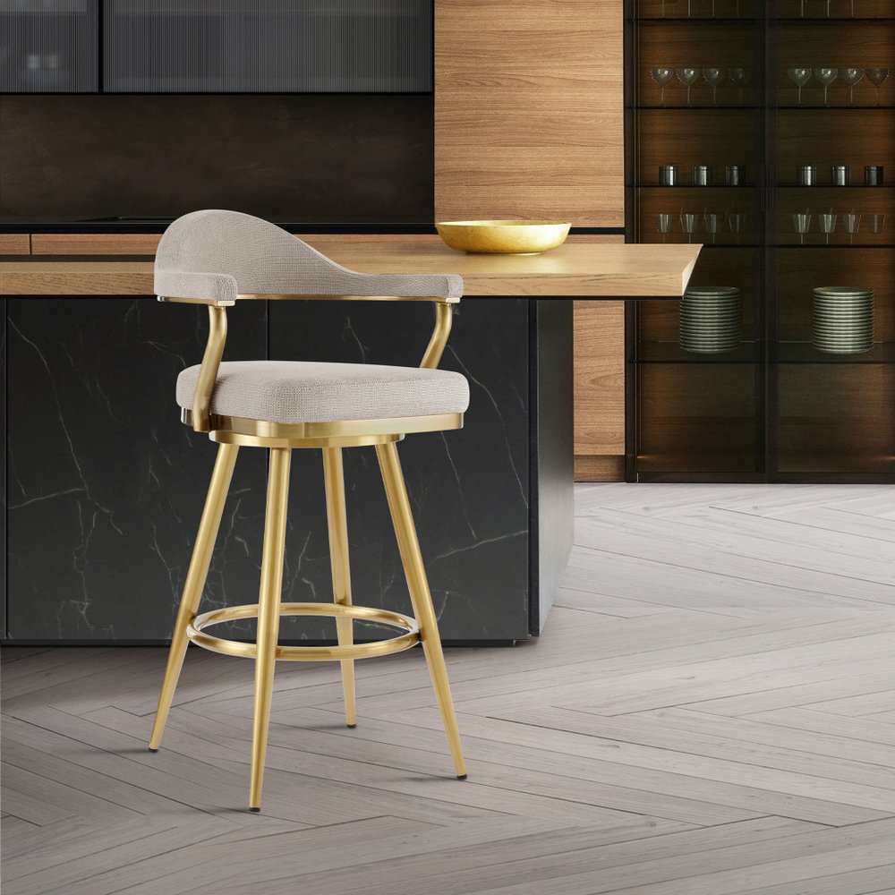 26" Taupe And Gold Fabric And Steel Low Back Counter Height Swivel Bar Chair HomeRoots