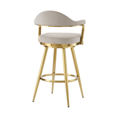 26" Taupe And Gold Fabric And Steel Low Back Counter Height Swivel Bar Chair HomeRoots