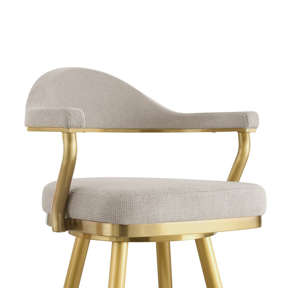 26" Taupe And Gold Fabric And Steel Low Back Counter Height Swivel Bar Chair HomeRoots