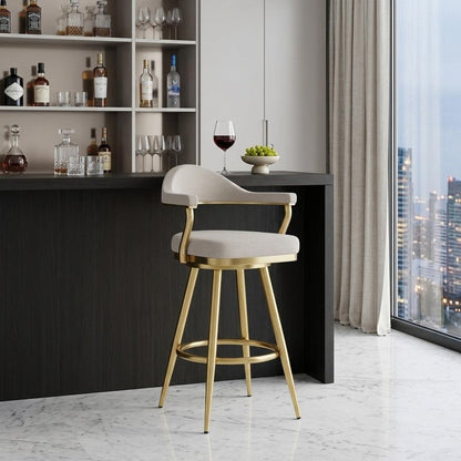 30" Taupe And Gold Fabric And Steel Low Back Bar Height Swivel Bar Chair HomeRoots