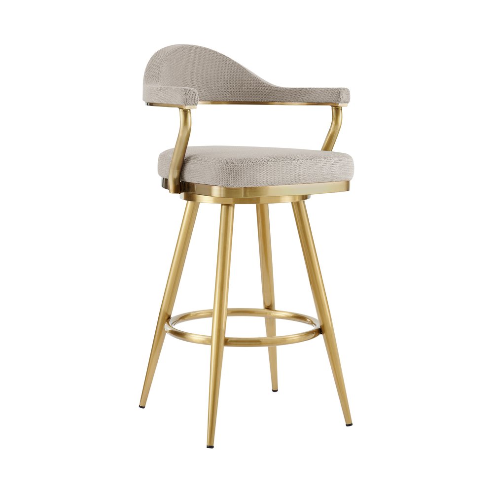 30" Taupe And Gold Fabric And Steel Low Back Bar Height Swivel Bar Chair HomeRoots