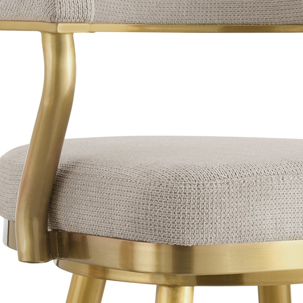 30" Taupe And Gold Fabric And Steel Low Back Bar Height Swivel Bar Chair HomeRoots