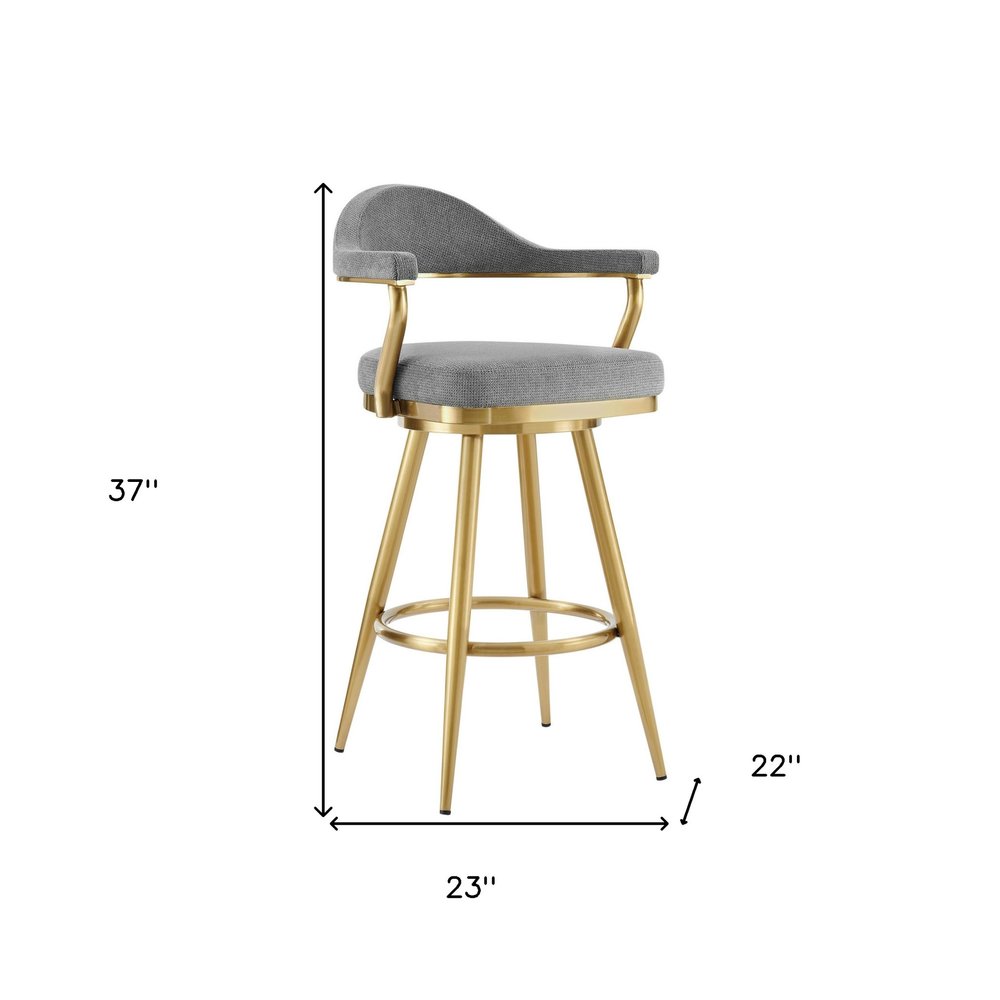 26" Gray And Gold Fabric And Steel Low Back Counter Height Swivel Bar Chair HomeRoots