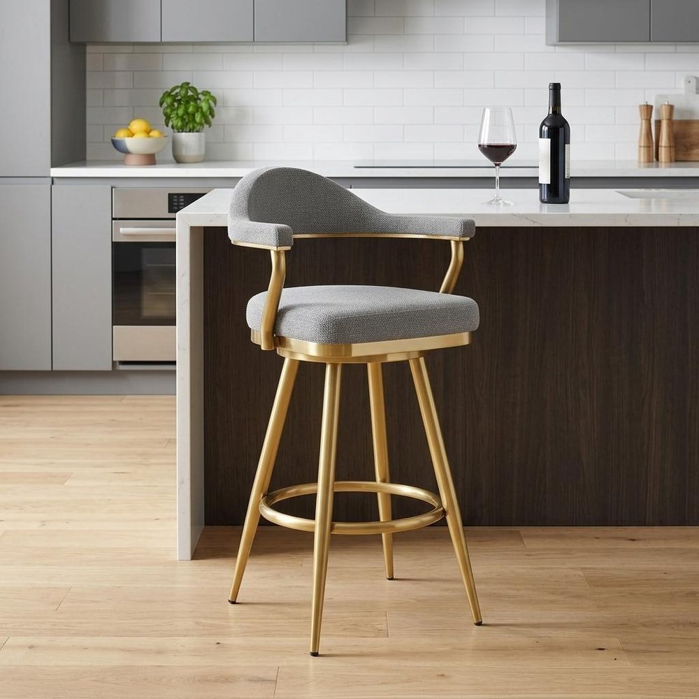26" Gray And Gold Fabric And Steel Low Back Counter Height Swivel Bar Chair HomeRoots