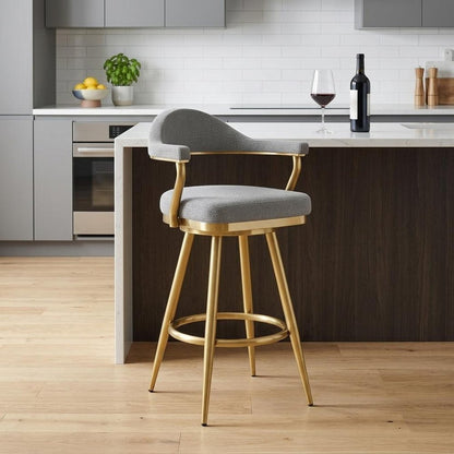 26" Gray And Gold Fabric And Steel Low Back Counter Height Swivel Bar Chair HomeRoots