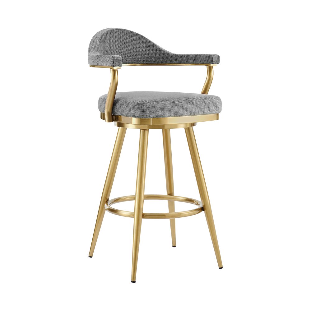 26" Gray And Gold Fabric And Steel Low Back Counter Height Swivel Bar Chair HomeRoots