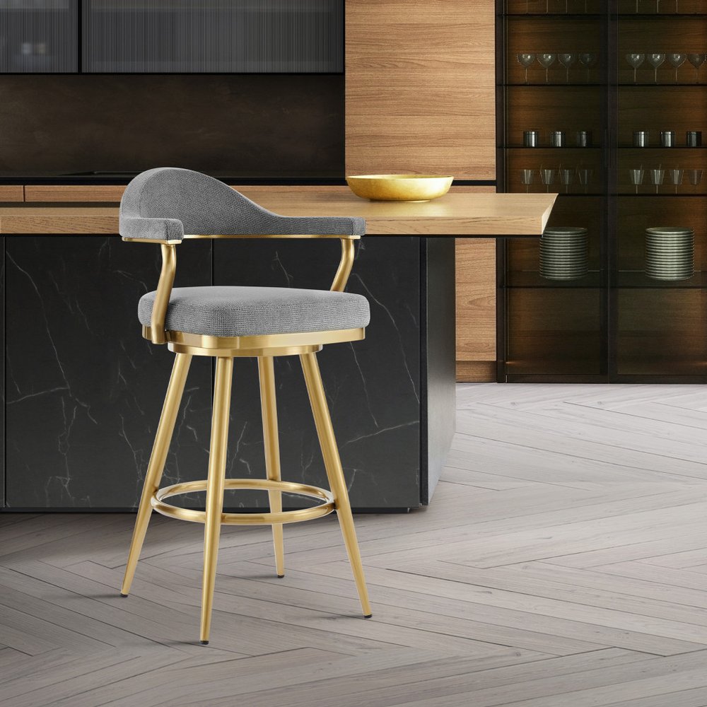 26" Gray And Gold Fabric And Steel Low Back Counter Height Swivel Bar Chair HomeRoots
