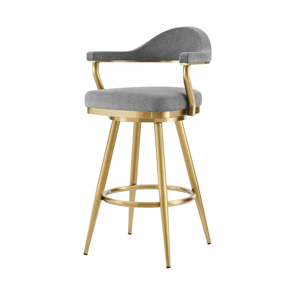 30" Gray And Gold Fabric And Steel Low Back Bar Height Swivel Bar Chair HomeRoots