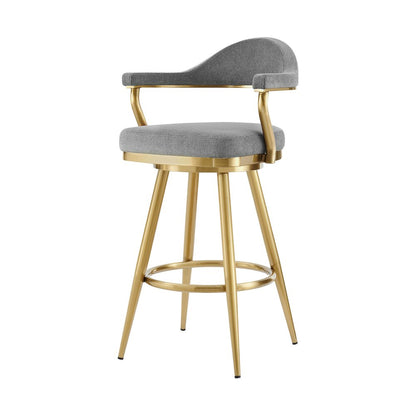 30" Gray And Gold Fabric And Steel Low Back Bar Height Swivel Bar Chair HomeRoots