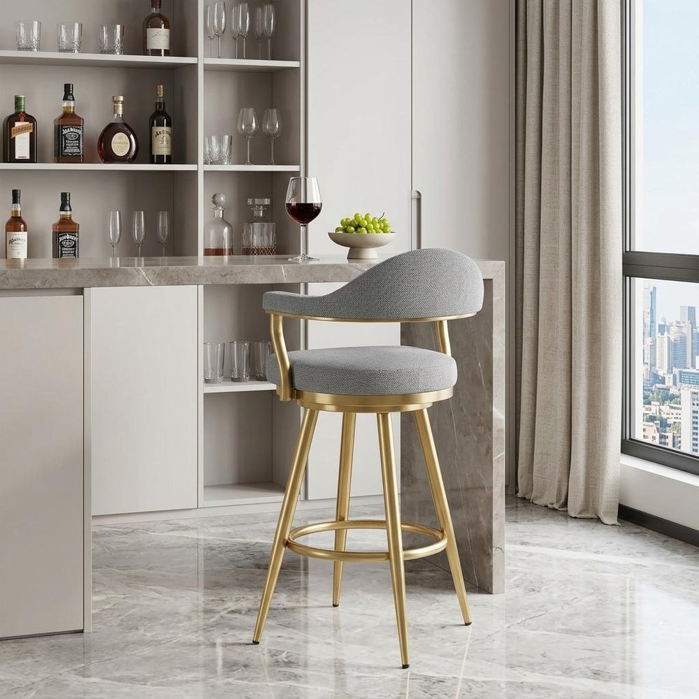 30" Gray And Gold Fabric And Steel Low Back Bar Height Swivel Bar Chair HomeRoots