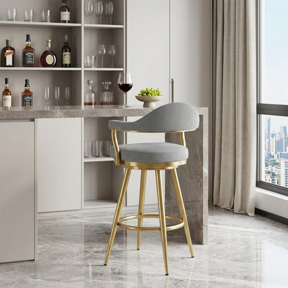 30" Gray And Gold Fabric And Steel Low Back Bar Height Swivel Bar Chair HomeRoots