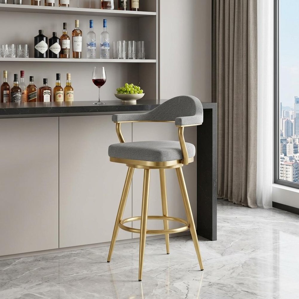 30" Gray And Gold Fabric And Steel Low Back Bar Height Swivel Bar Chair HomeRoots