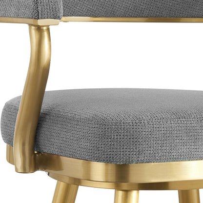 30" Gray and Gold Fabric and Stainless Steel Low Back Bar Height Swivel Bar Chair HomeRoots