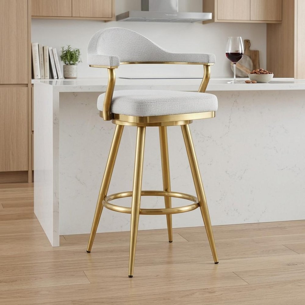 26" Silver And Gold Fabric And Steel Low Back Counter Height Swivel Bar Chair HomeRoots