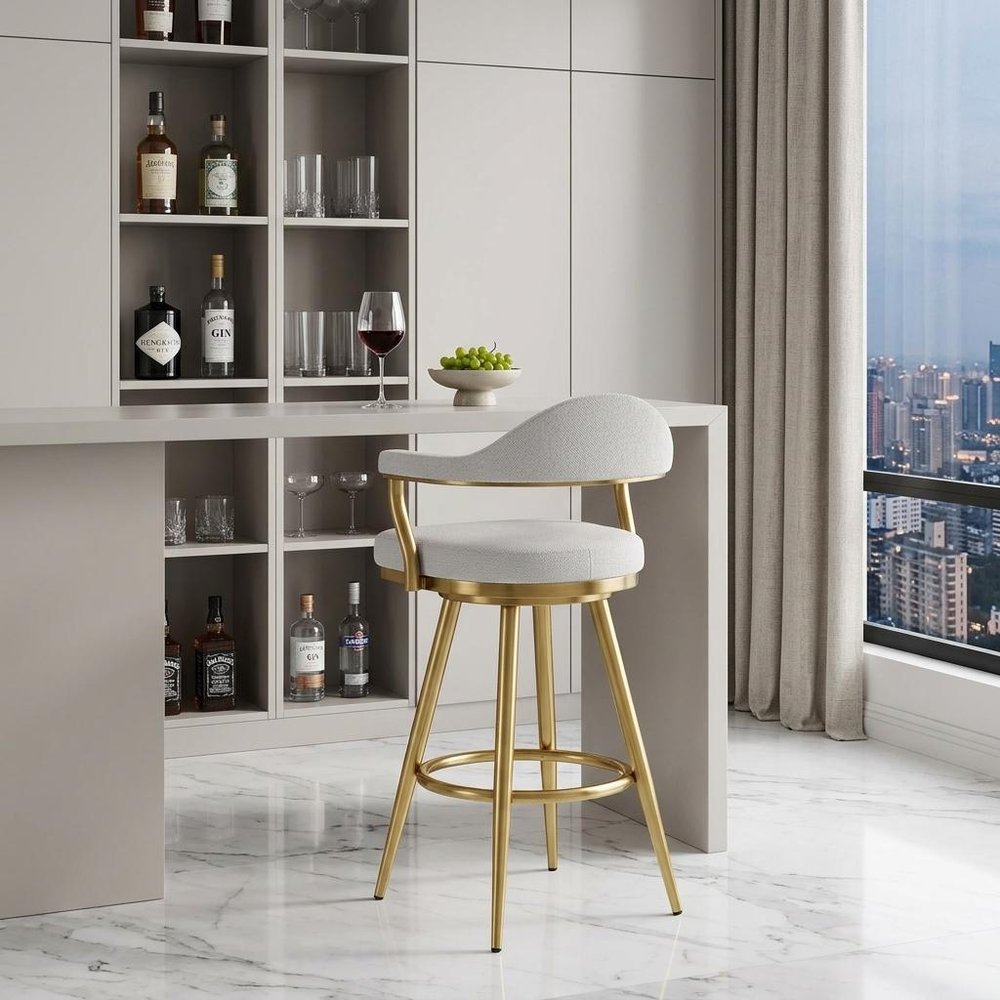30" Silver And Gold Fabric And Steel Low Back Bar Height Swivel Bar Chair HomeRoots