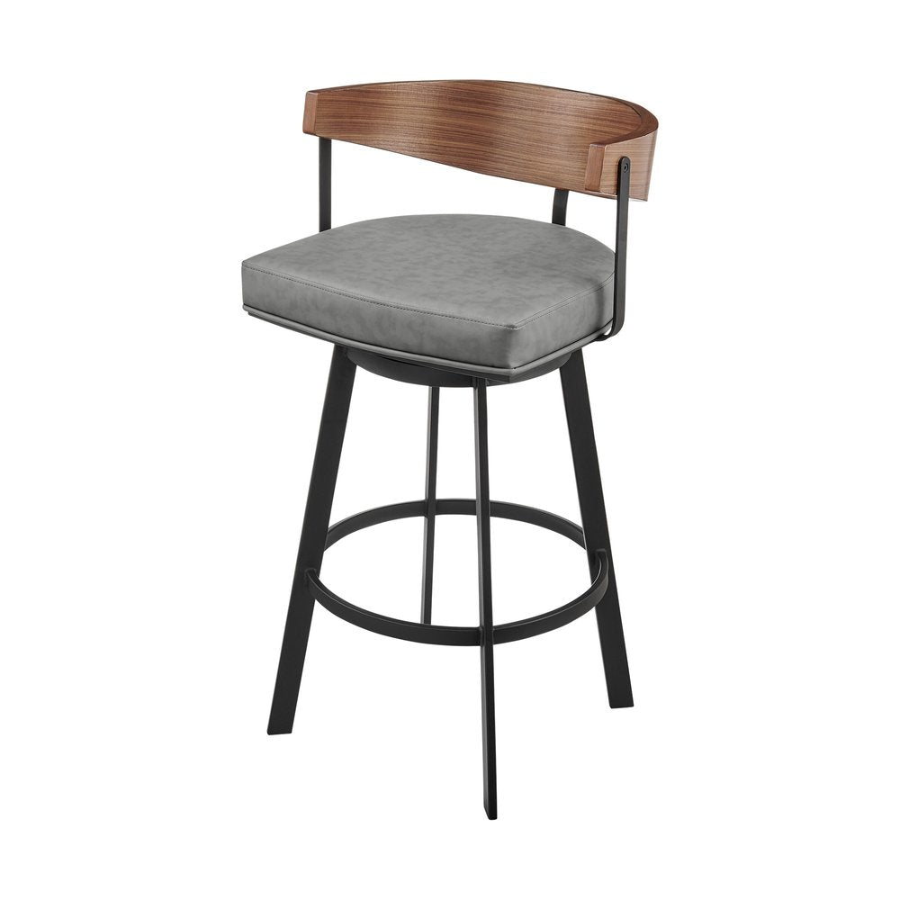26" Gray Brown And Black Faux Leather And Iron Low Back Counter Height Swivel Bar Chair HomeRoots
