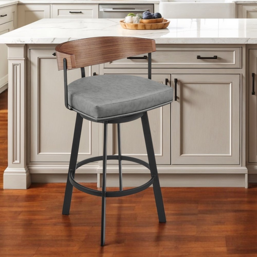 26" Gray Brown And Black Faux Leather And Iron Low Back Counter Height Swivel Bar Chair HomeRoots