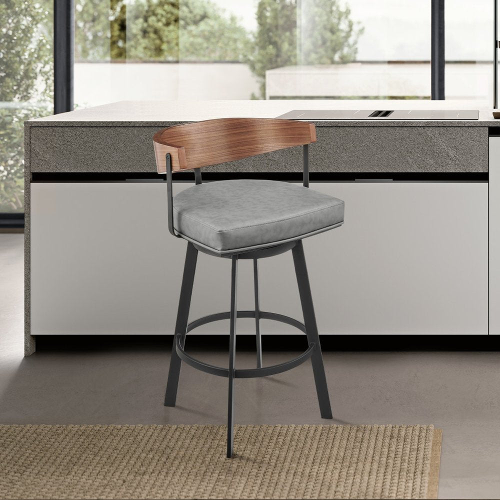 26" Gray Brown And Black Faux Leather And Iron Low Back Counter Height Swivel Bar Chair HomeRoots