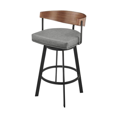 30" Gray Brown And Black Faux Leather And Iron Low Back Bar Height Swivel Bar Chair HomeRoots