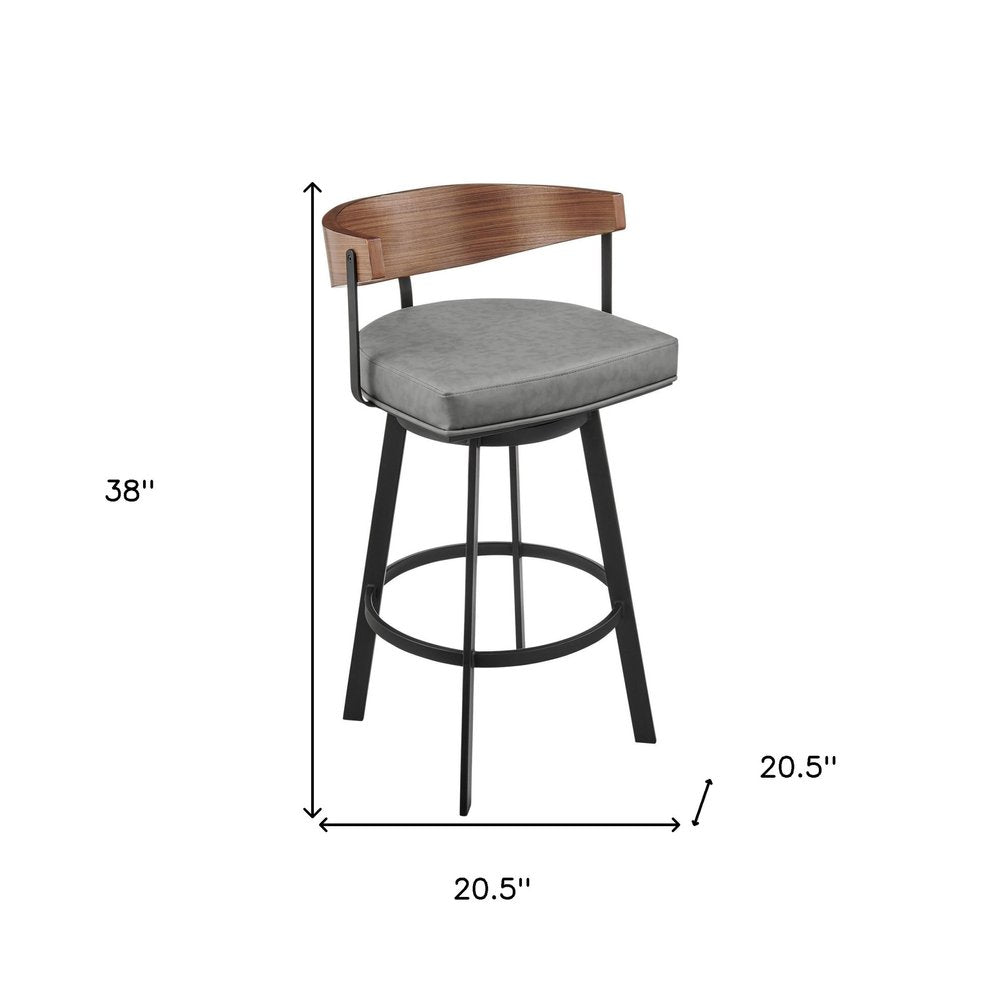 30" Gray Brown And Black Faux Leather And Iron Low Back Bar Height Swivel Bar Chair HomeRoots