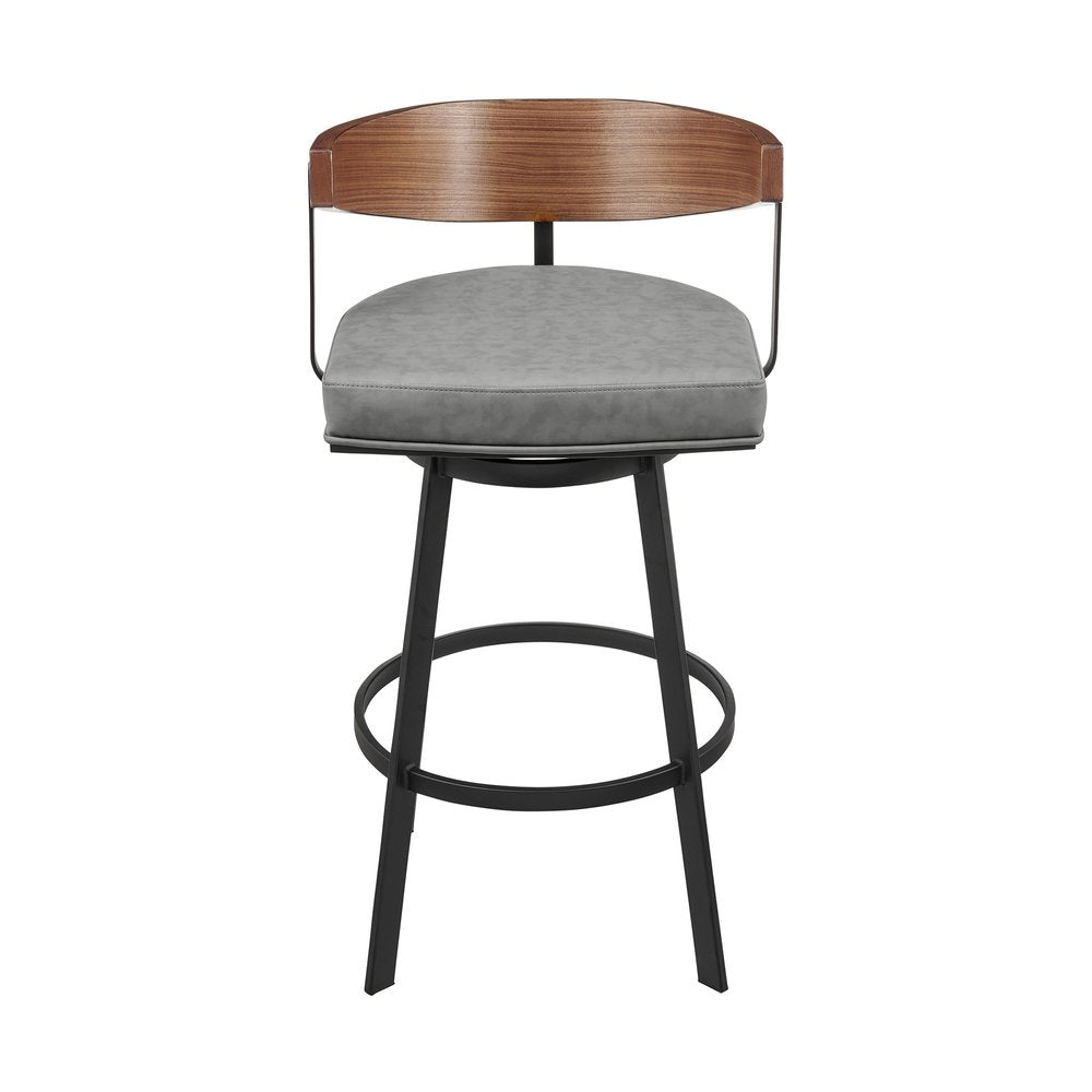 30" Gray Brown And Black Faux Leather And Iron Low Back Bar Height Swivel Bar Chair HomeRoots