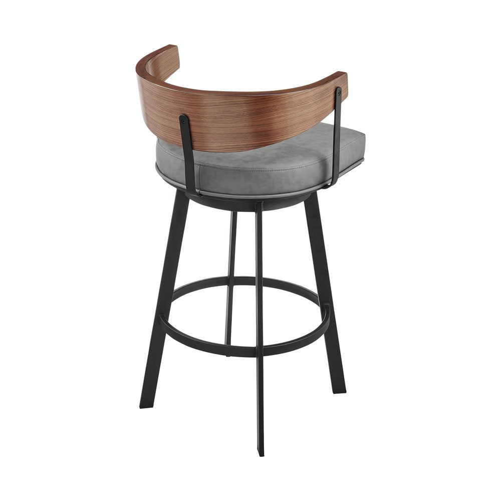 30" Gray Brown And Black Faux Leather And Iron Low Back Bar Height Swivel Bar Chair HomeRoots