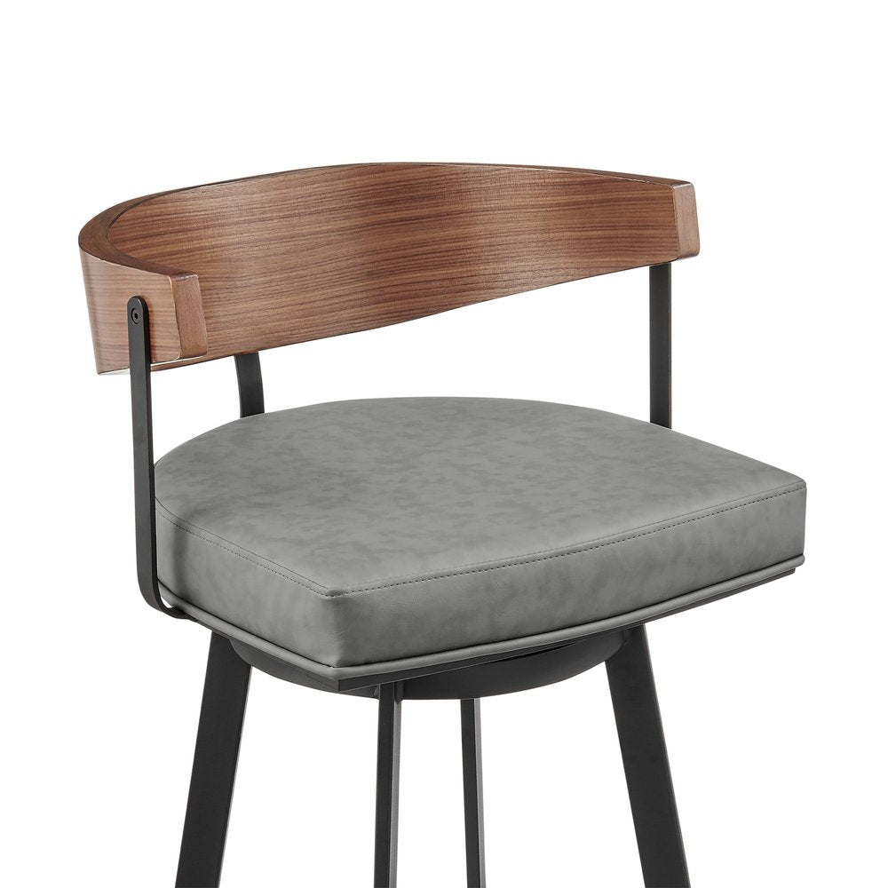 30" Gray Brown And Black Faux Leather And Iron Low Back Bar Height Swivel Bar Chair HomeRoots