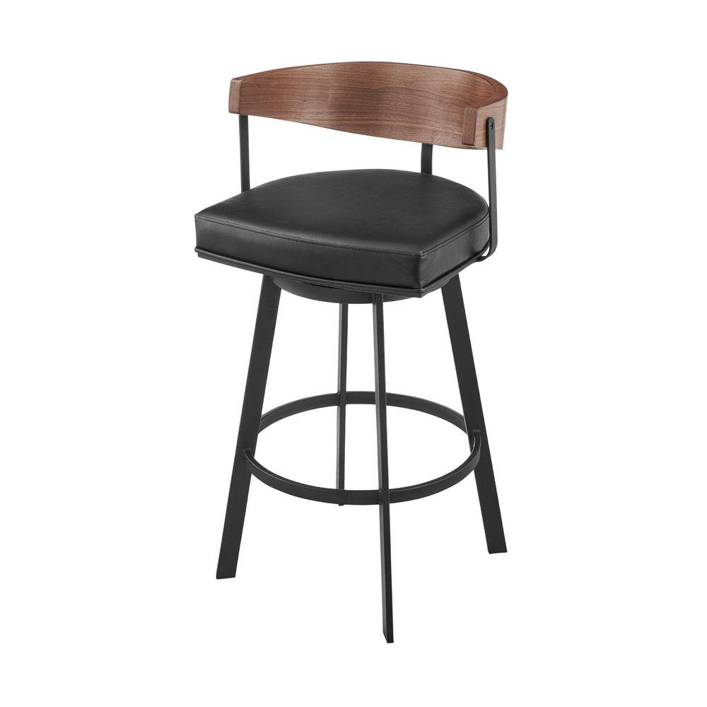 26" Black And Brown Faux Leather And Iron Low Back Counter Height Swivel Bar Chair HomeRoots