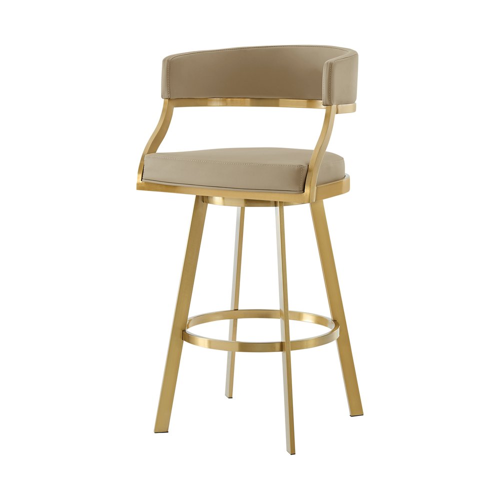 30" Sand And Gold Faux Leather And Steel Low Back Bar Height Swivel Bar Chair HomeRoots