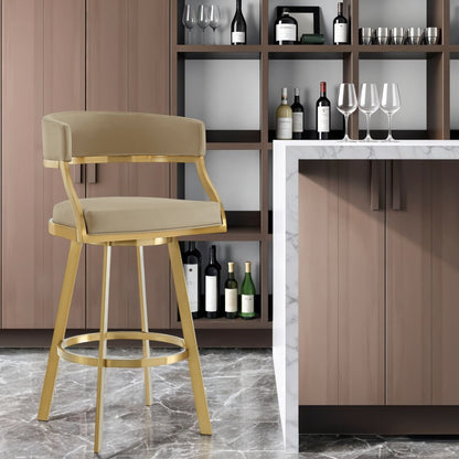 30" Sand And Gold Faux Leather And Steel Low Back Bar Height Swivel Bar Chair HomeRoots