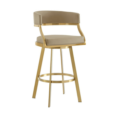 30" Sand And Gold Faux Leather And Steel Low Back Bar Height Swivel Bar Chair HomeRoots