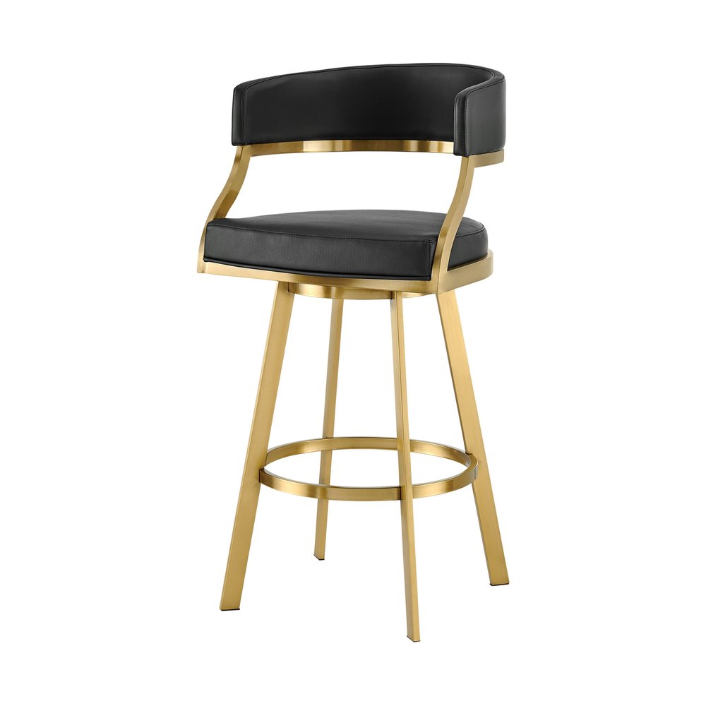 30" Black And Gold Faux Leather And Steel Low Back Bar Height Swivel Bar Chair HomeRoots