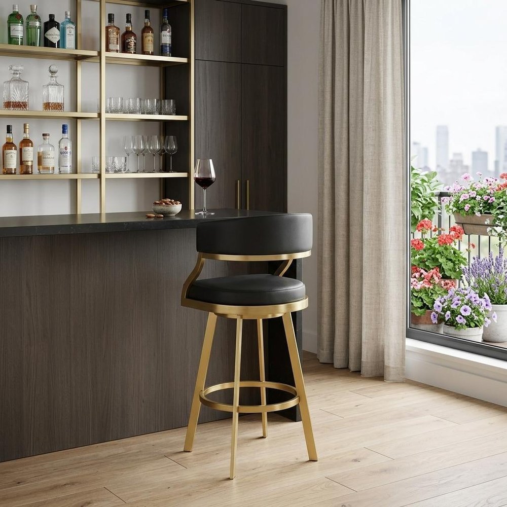 30" Black And Gold Faux Leather And Steel Low Back Bar Height Swivel Bar Chair HomeRoots