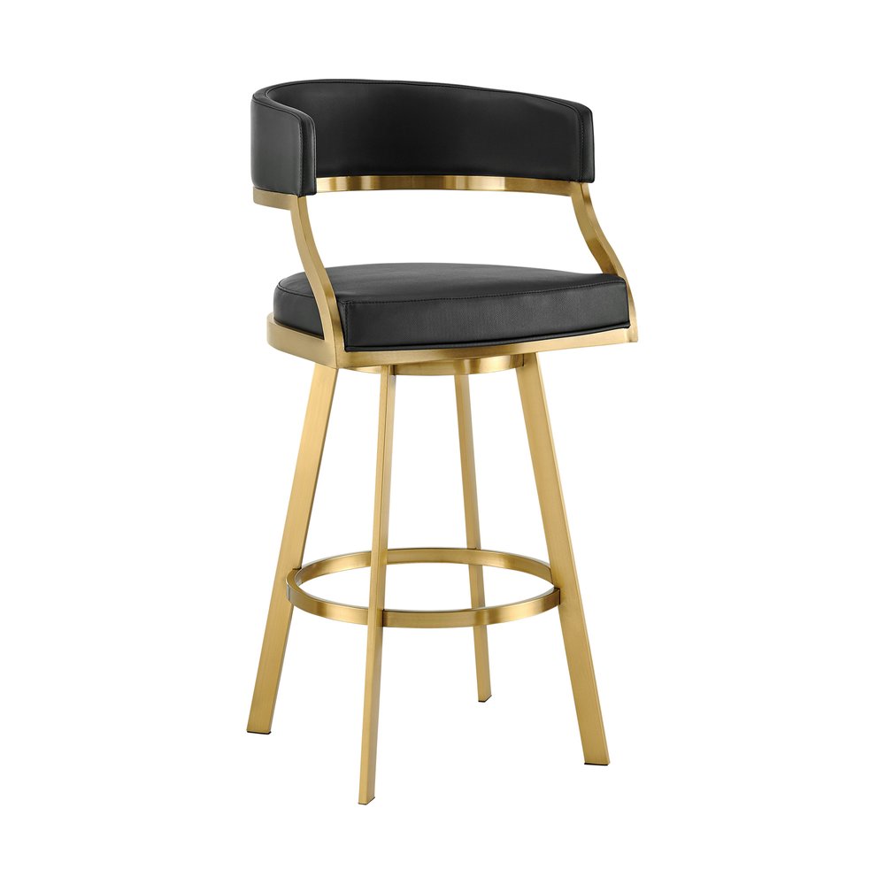 30" Black And Gold Faux Leather And Steel Low Back Bar Height Swivel Bar Chair HomeRoots