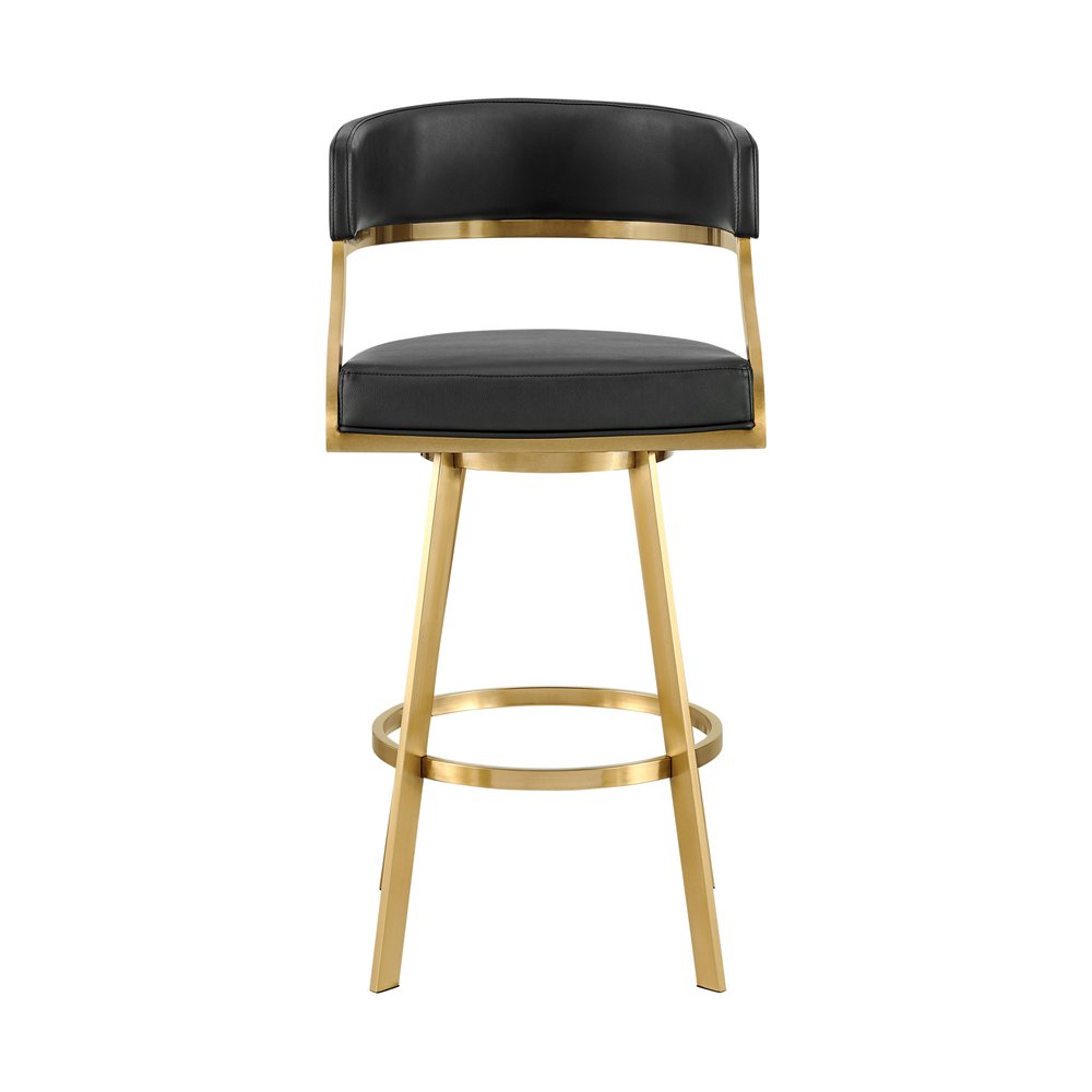 30" Black And Gold Faux Leather And Steel Low Back Bar Height Swivel Bar Chair HomeRoots
