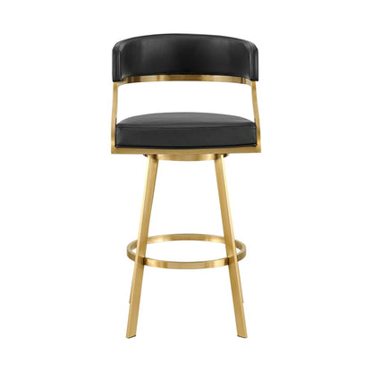 30" Black And Gold Faux Leather And Steel Low Back Bar Height Swivel Bar Chair HomeRoots
